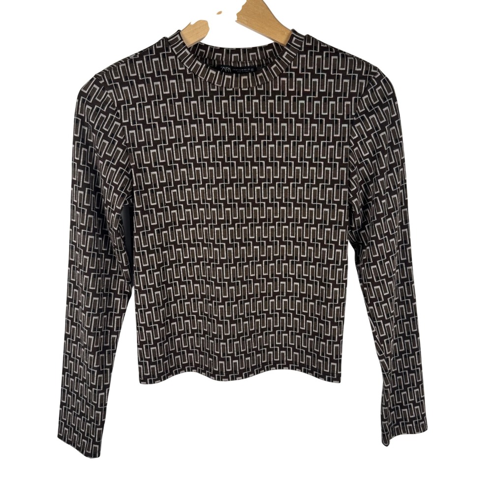 Zara Geometric Maze Print Long Sleeve Knit Womens M Brown Crew Neck Cropped